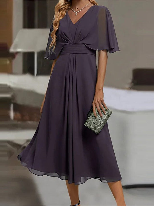 Damen elegantes Midikleid mit fließendem Stoff und asymmetrischen Ärmeln R&B