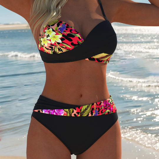 Damen Balconette-Bikini mit trendy Palmendruck und eleganter Ring-Detaillierung R&B