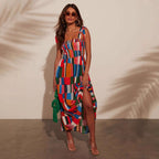 Damen Maxi-Kleid mit buntem Mosaik-Design R&B