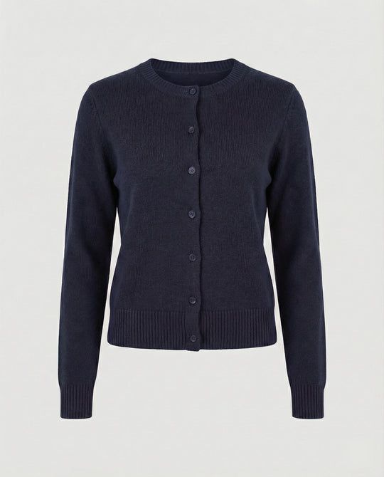 Damen kurz geschnittener Feinstrickcardigan mit sichtbarer Knopfreihe geripptem Saum und legerer Schulterpartie R&B