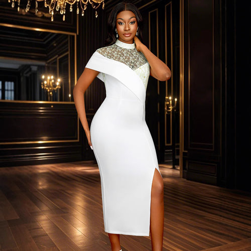 Damen Elegantes Hochzeitskleid mit transparentem Spitzenoberteil und asymmetrischem Design R&B
