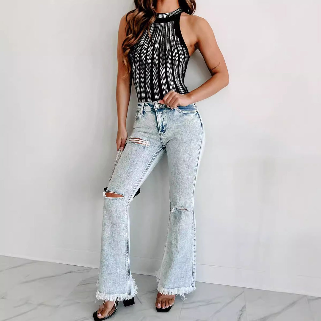 Damen Flared Jeans mit modischen Fransen und Rissen R&B