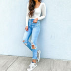 Damen Hochtaillierte Skinny Jeans mit modischen Rissen R&B