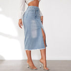 Damen Denim-Midi-Rock mit hohem Schlitz und ausgefranstem Saum R&B