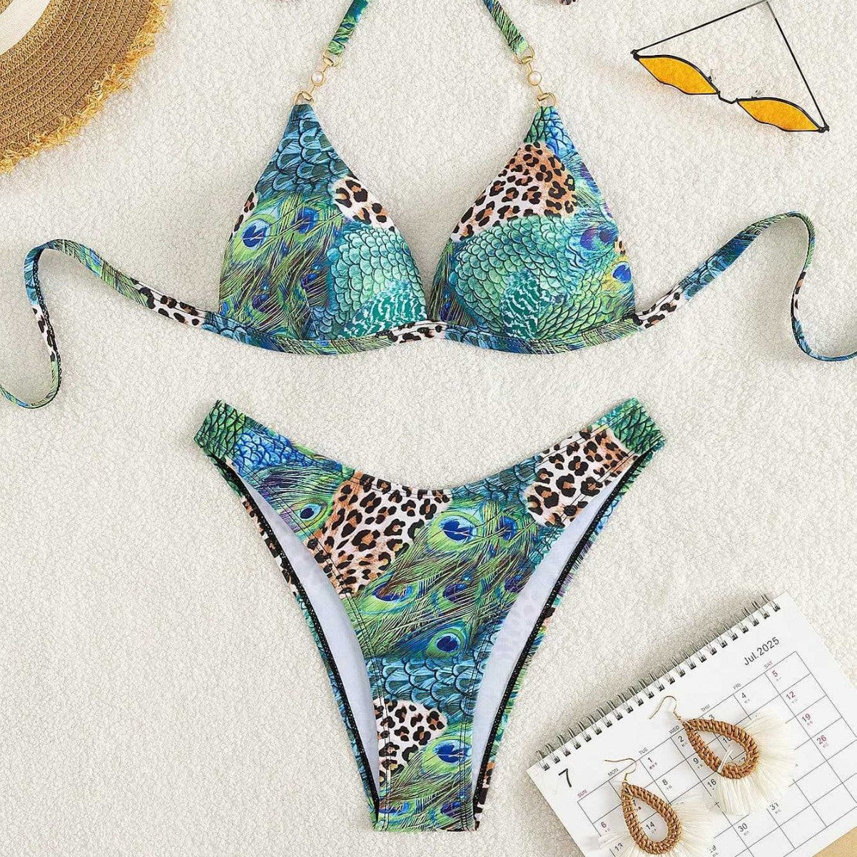Damen Triangel-Bikini mit lR&Bendigem Tier- und Pfauenmotiv R&B