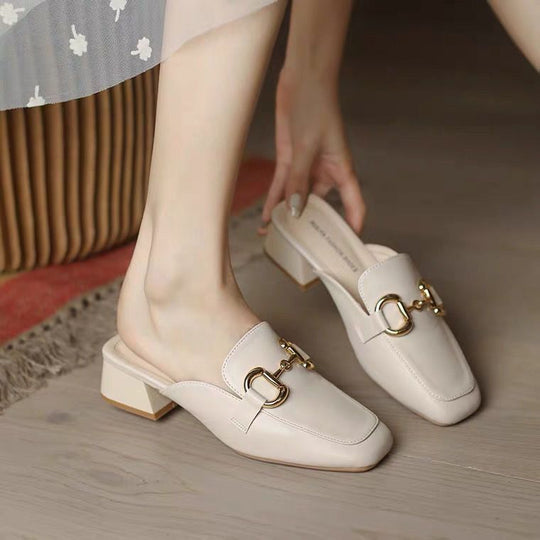 Damen elegante Mules mit goldenen Akzenten und Blockabsatz R&B