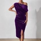 Damen Elegantes Schulterfreies Midikleid im Fließenden Design R&B