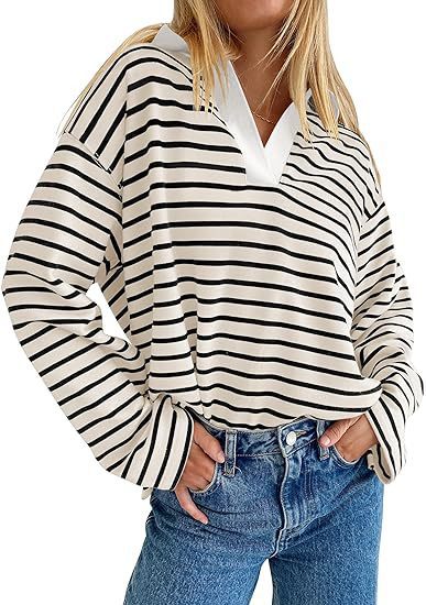 Damen Lässiges gestreiftes Sweatshirt mit V-Ausschnitt und langen Ärmeln R&B