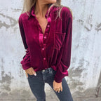 Damen Elegante Samtbluse mit klassischem Hemdkragen und langen Ärmeln R&B