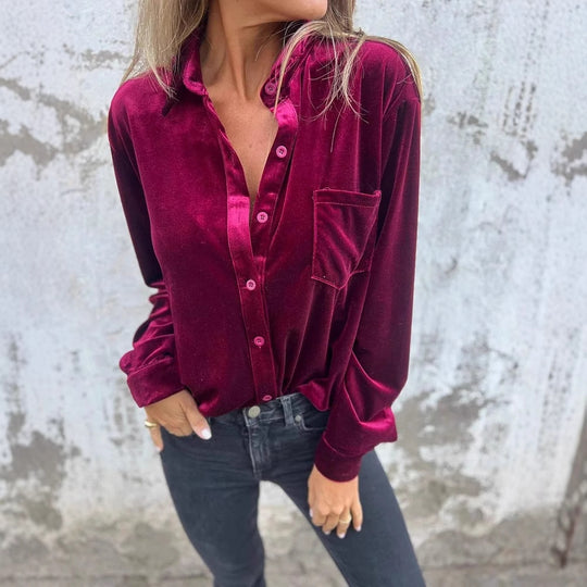Damen Elegante Samtbluse mit klassischem Hemdkragen und langen Ärmeln R&B