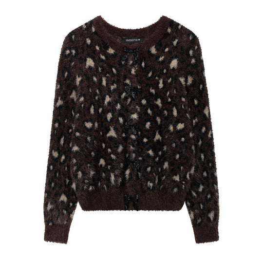 Damen Kuschelige Leopardenmuster-Strickjacke mit eleganten Knopfdetails R&B