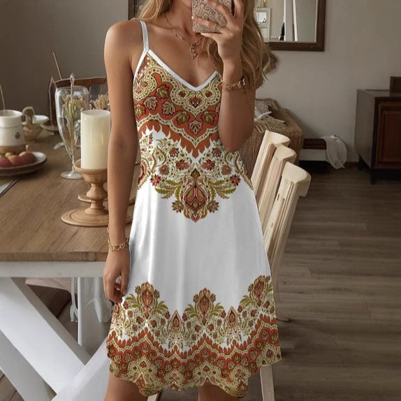 Damen Spaghetti-Träger Kleid mit stilvollem Paisleymuster und A-Linien Schnitt R&B