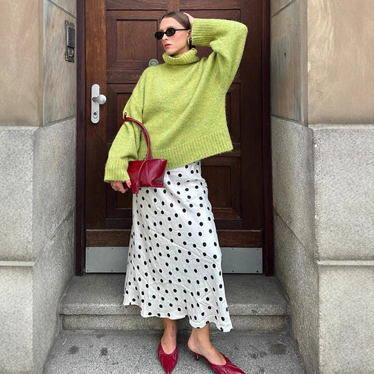 Damen gemütlicher Strickpullover mit hohem Kragen und überschnittenen Schultern R&B