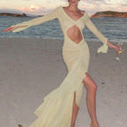 Damen Maxikleid mit raffinierten Rüschen und innovativem Cut-Out-Design R&B