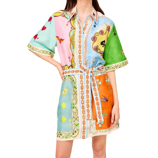 Damen Hemdblusenkleid mit buntem Patchwork-Muster und Taillengürtel R&B