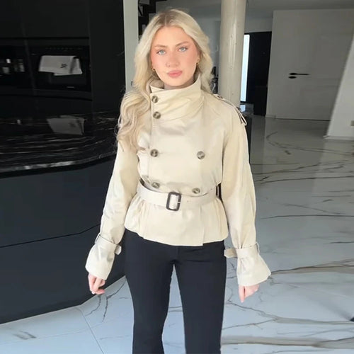 Damen Eleganter Kurz-Trenchcoat mit doppelter Knopfleiste und Taillengürtel R&B
