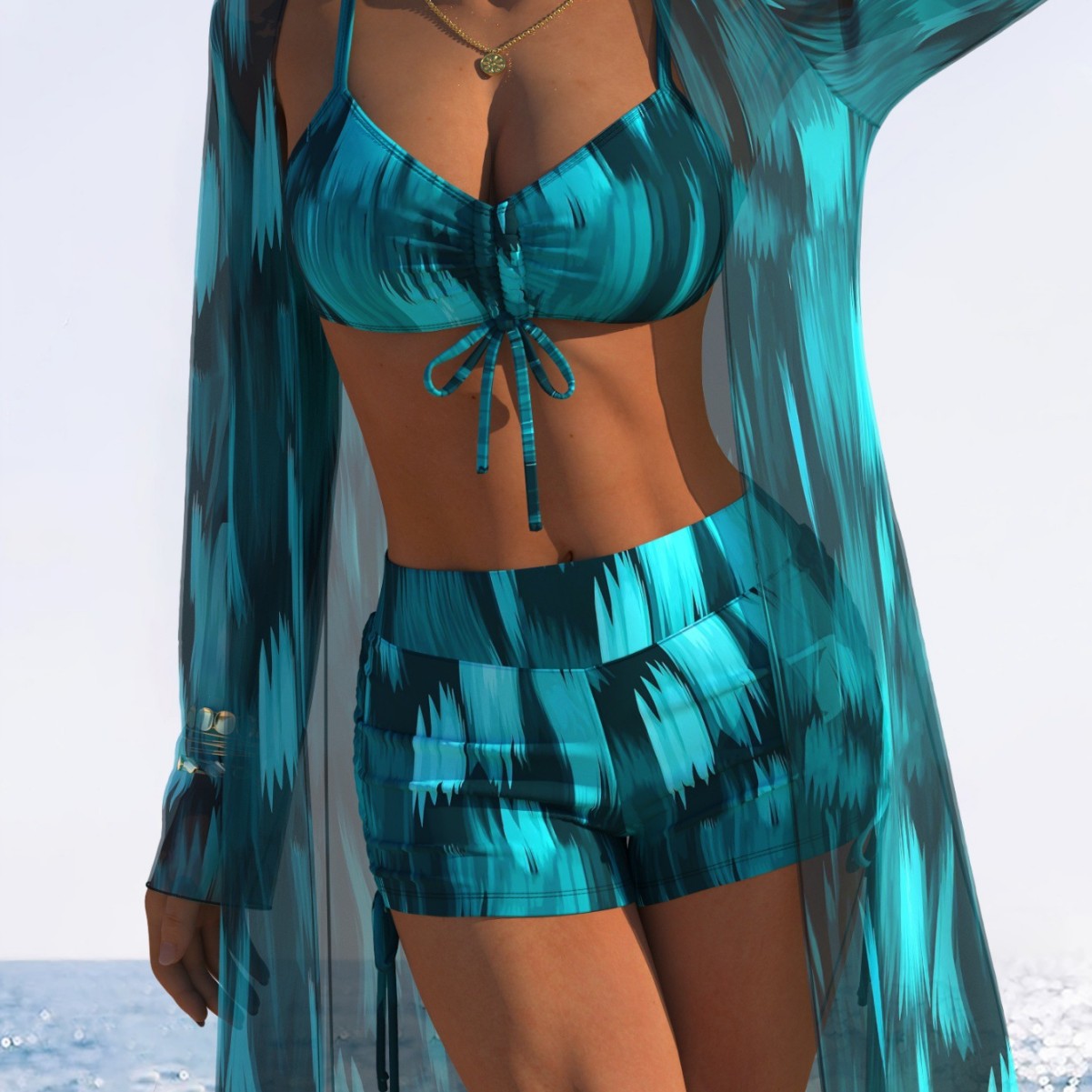 Damen Bikiniset mit floralem Design und schwingendem Kimono R&B