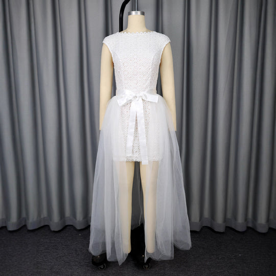 Damen Midi-Brautkleid mit verziertem Oberteil und transparentem Tüll Überrock R&B