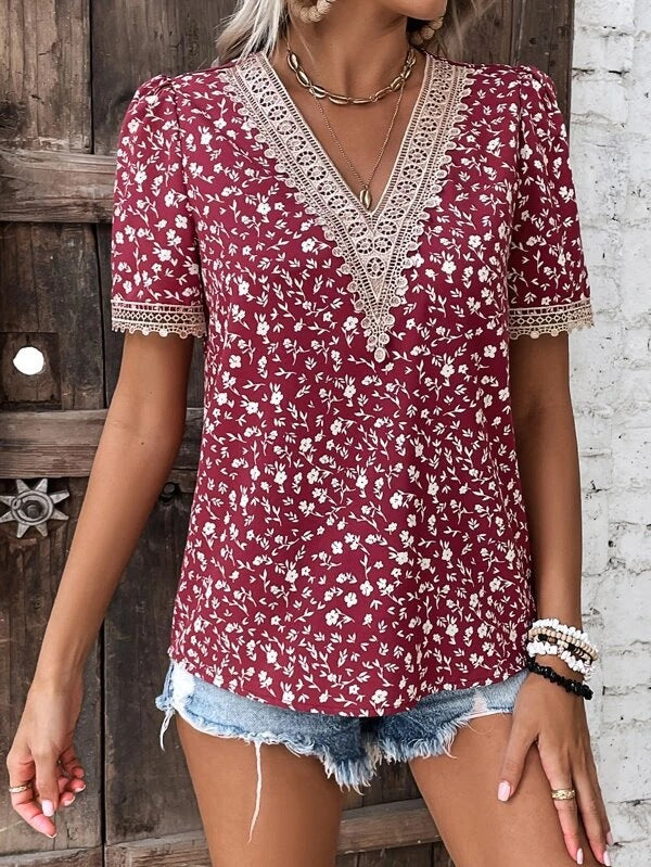 Damen Bluse mit V-Ausschnitt und feinen Spitzenakzenten R&B