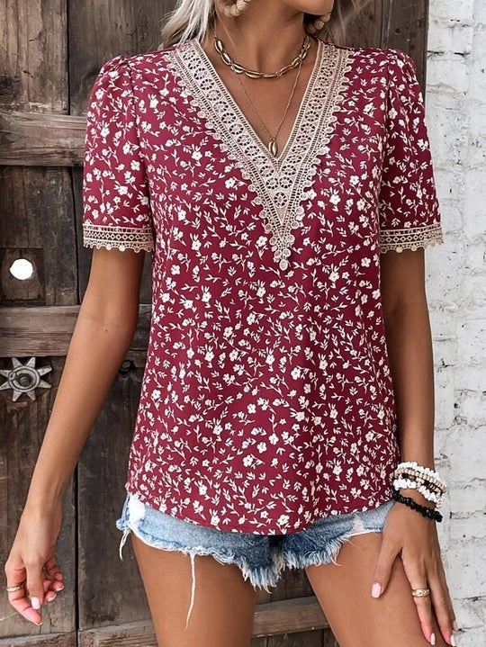 Damen Bluse mit V-Ausschnitt und feinen Spitzenakzenten R&B