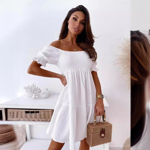 Damen lässiges Sommerkleid mit Puffärmel und Volants R&B