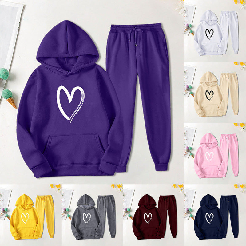 Damen Sweatsuit mit Kängurutasche und herzförmigem Print