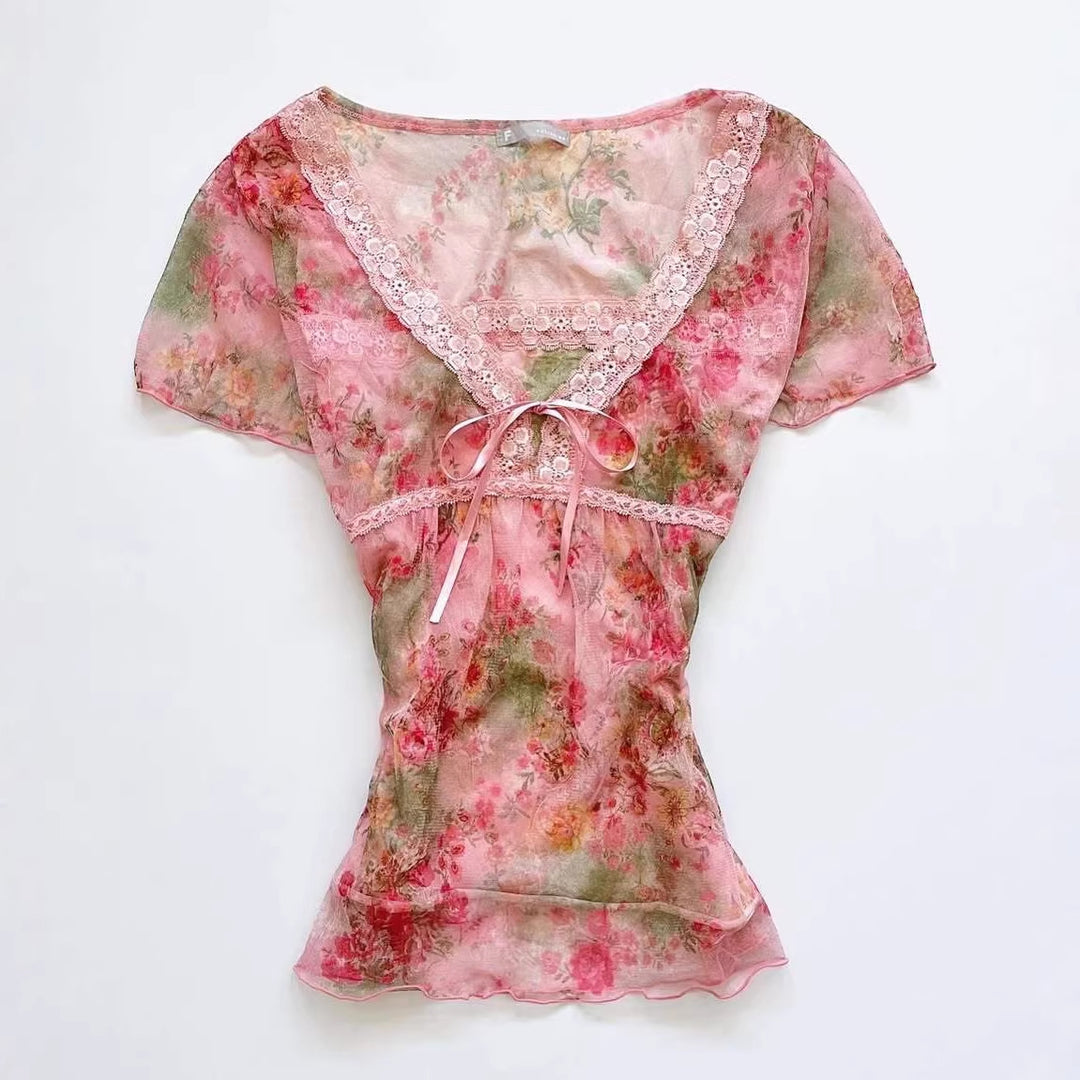 Damen florales Chiffon-Oberteil mit Spitzenakzenten R&B