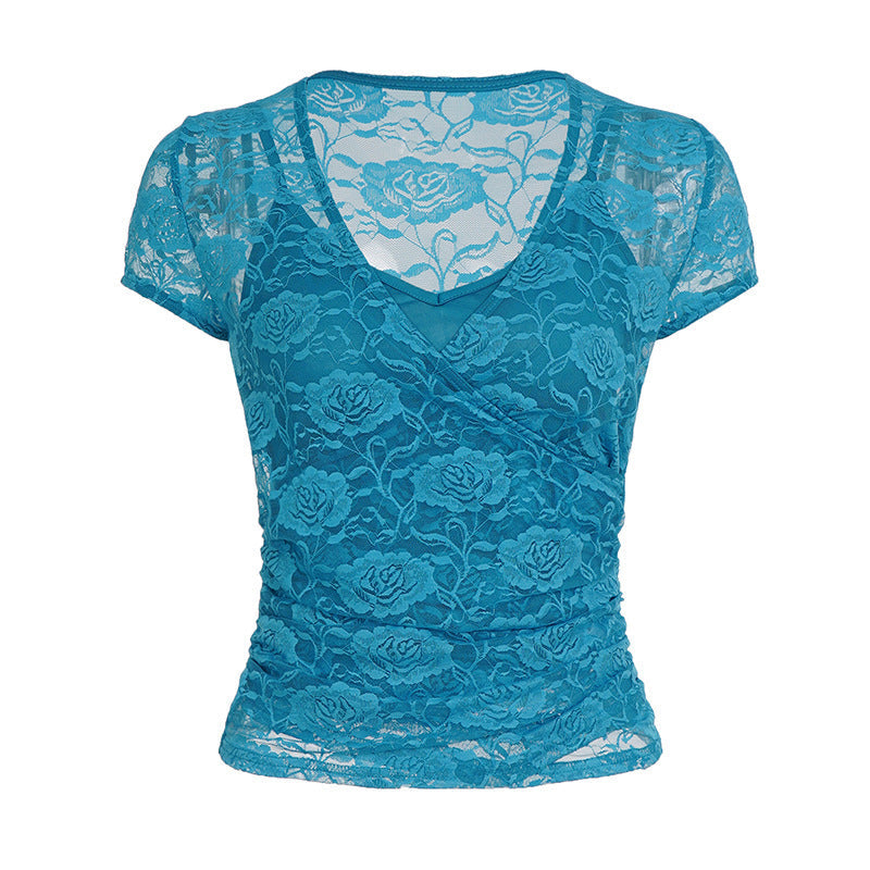 Damen Spitzenoberteil mit romantischem Blumenmuster und V-Ausschnitt R&B
