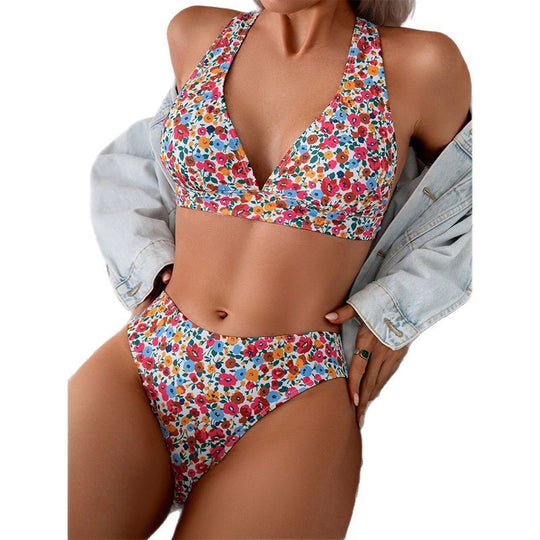 Damen Hochgeschnittener Floral-Bikini mit V-Ausschnitt R&B