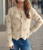 Damen Strickjacke mit floralen Applikationen und perlverzierter Detail R&B