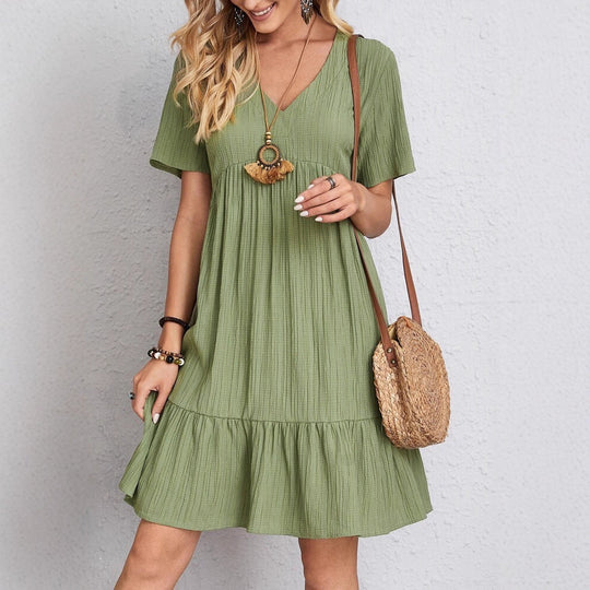 Damen nan Crinkle-Sommerkleid mit V-Ausschnitt, Empirenaht und Volant-Saum R&B