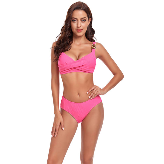 Damen Bikini-Set mit gekreuztem Oberteil und dekorativen Schnallen R&B