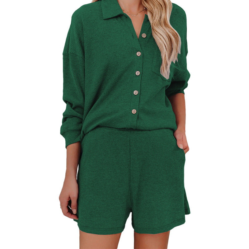 Damen Freizeitanzug mit lässiger Button-Down-Bluse und Shorts R&B