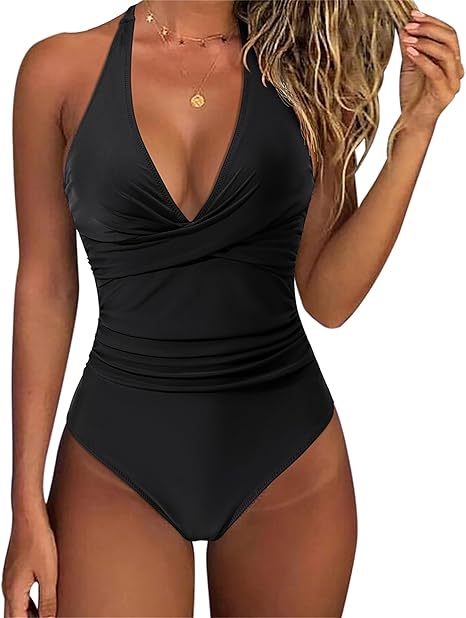 Damen Hochtaillierter Badeanzug mit tiefem V-Ausschnitt und floralem Design R&B