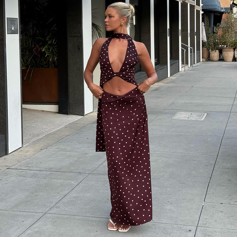 Damen Hochwertiges Maxi-Kleid mit elegantem Neckholder und Kreuzdetails R&B