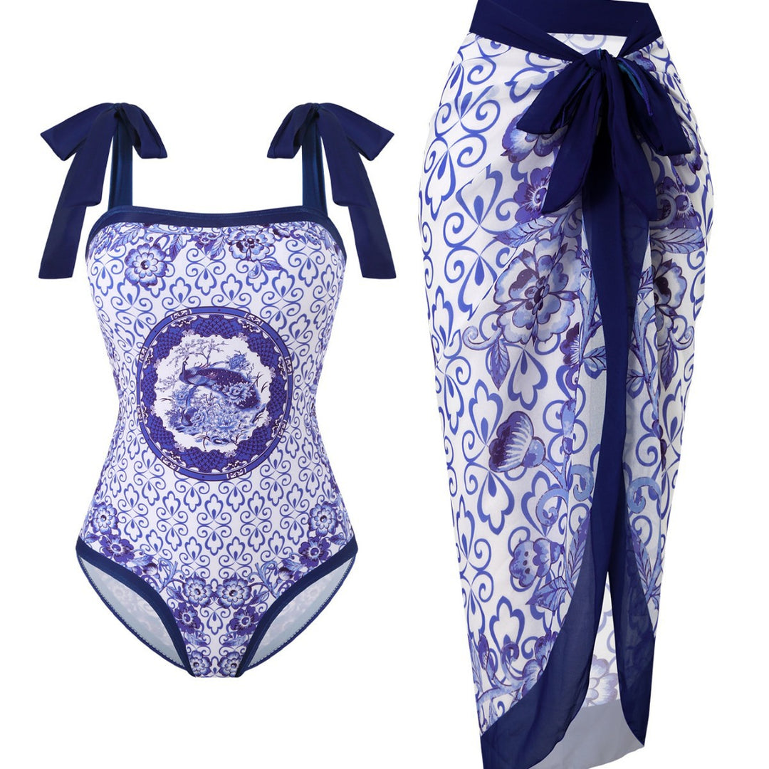 Damen Badeanzug mit floralem Design und transparentem Wickelrock R&B