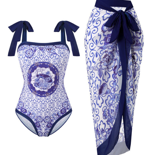 Damen Badeanzug mit floralem Design und transparentem Wickelrock R&B