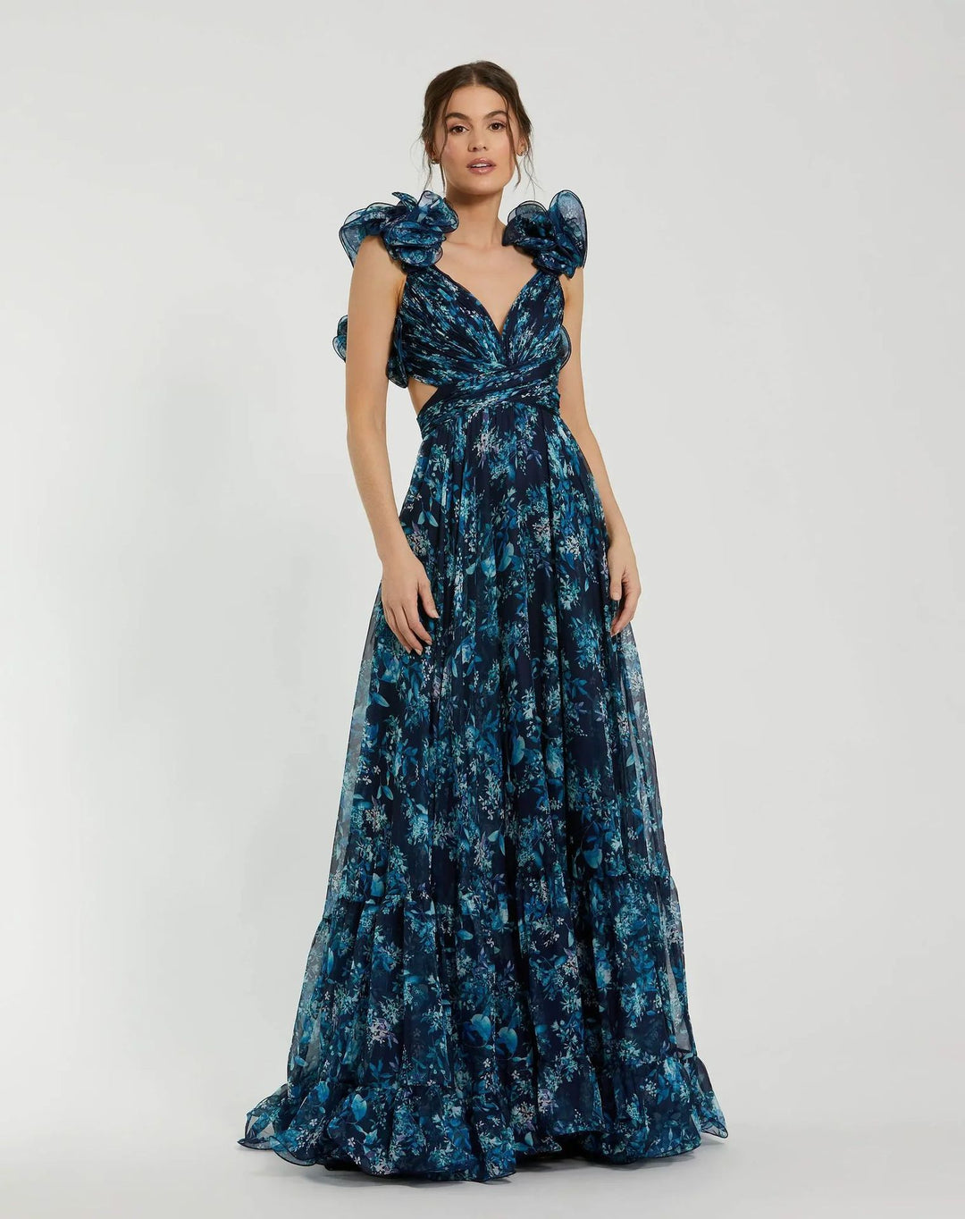 Damen Maxi-Kleid mit floralen Rüschen und schwingendem Design R&B