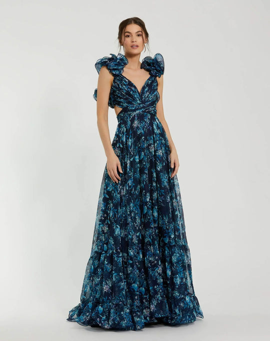 Damen Maxi-Kleid mit floralen Rüschen und schwingendem Design R&B