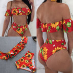 Damen Bikini-Set mit floralem Rüschendesign und hohem Taillenslip R&B