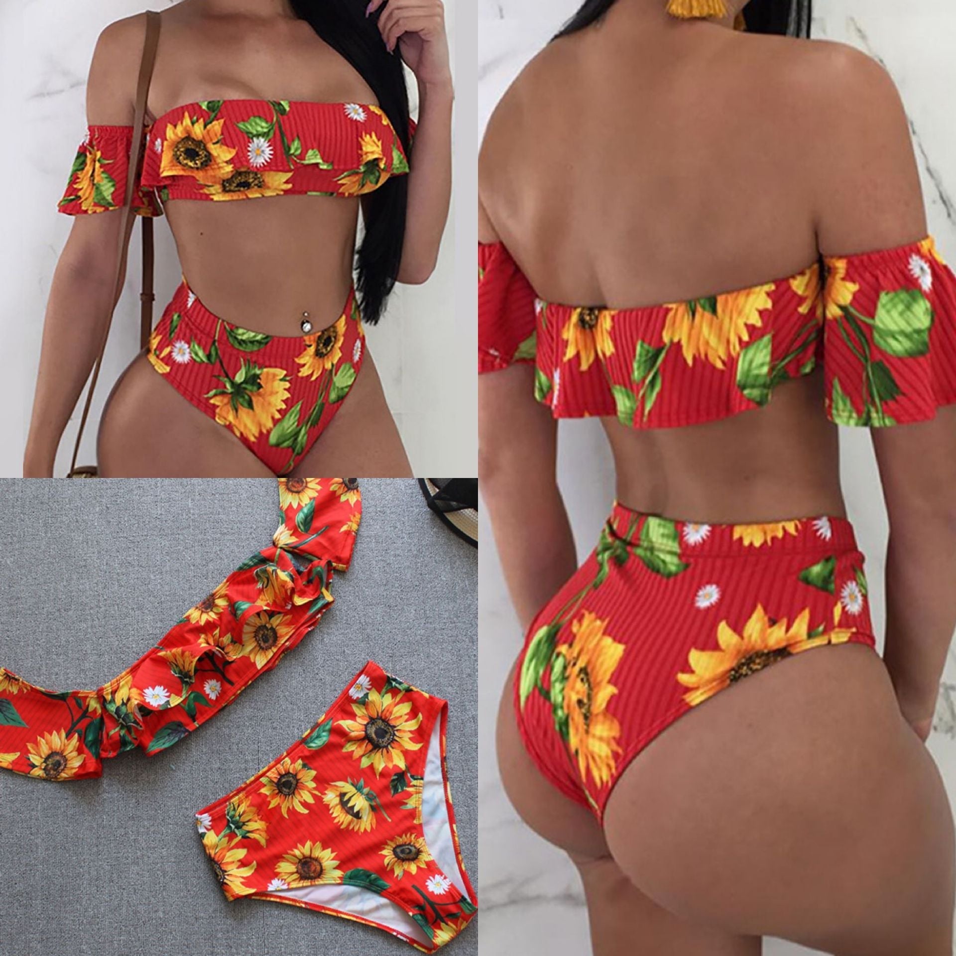 Damen Bikini-Set mit floralem Rüschendesign und hohem Taillenslip R&B