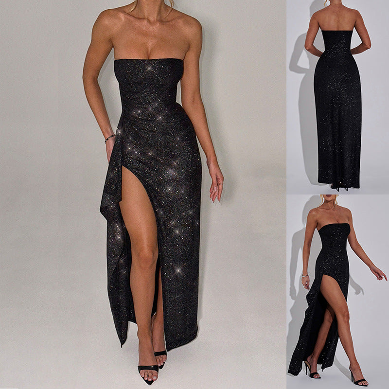Damen Abendkleid mit schimmerndem Effekt und hohem Schlitz R&B
