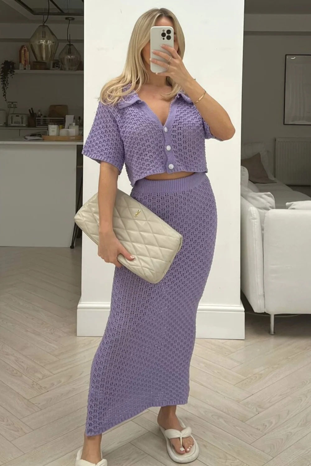 Damen Strick-Set mit offenem Cardigan und maxi Rock R&B