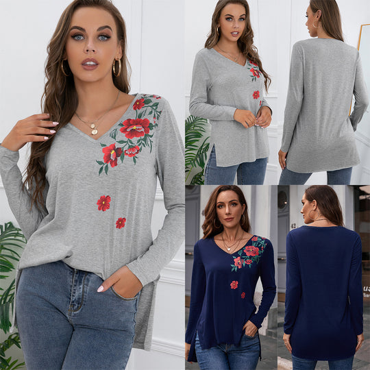 Damen Langarm-T-Shirt mit floralem Print und V-Ausschnitt R&B