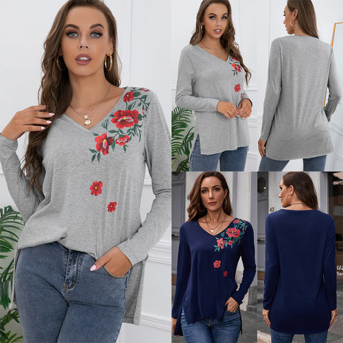 Damen Langarm-T-Shirt mit floralem Print und V-Ausschnitt R&B
