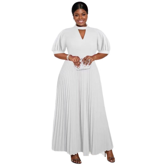 Damen elegantes Maxikleid mit plissiertem Rock und modischem Schlüssel-Ausschnitt R&B