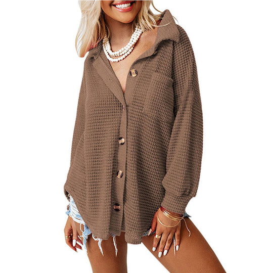 Damen lässige Waffelstruktur-Hemdjacke mit Knopfleiste R&B