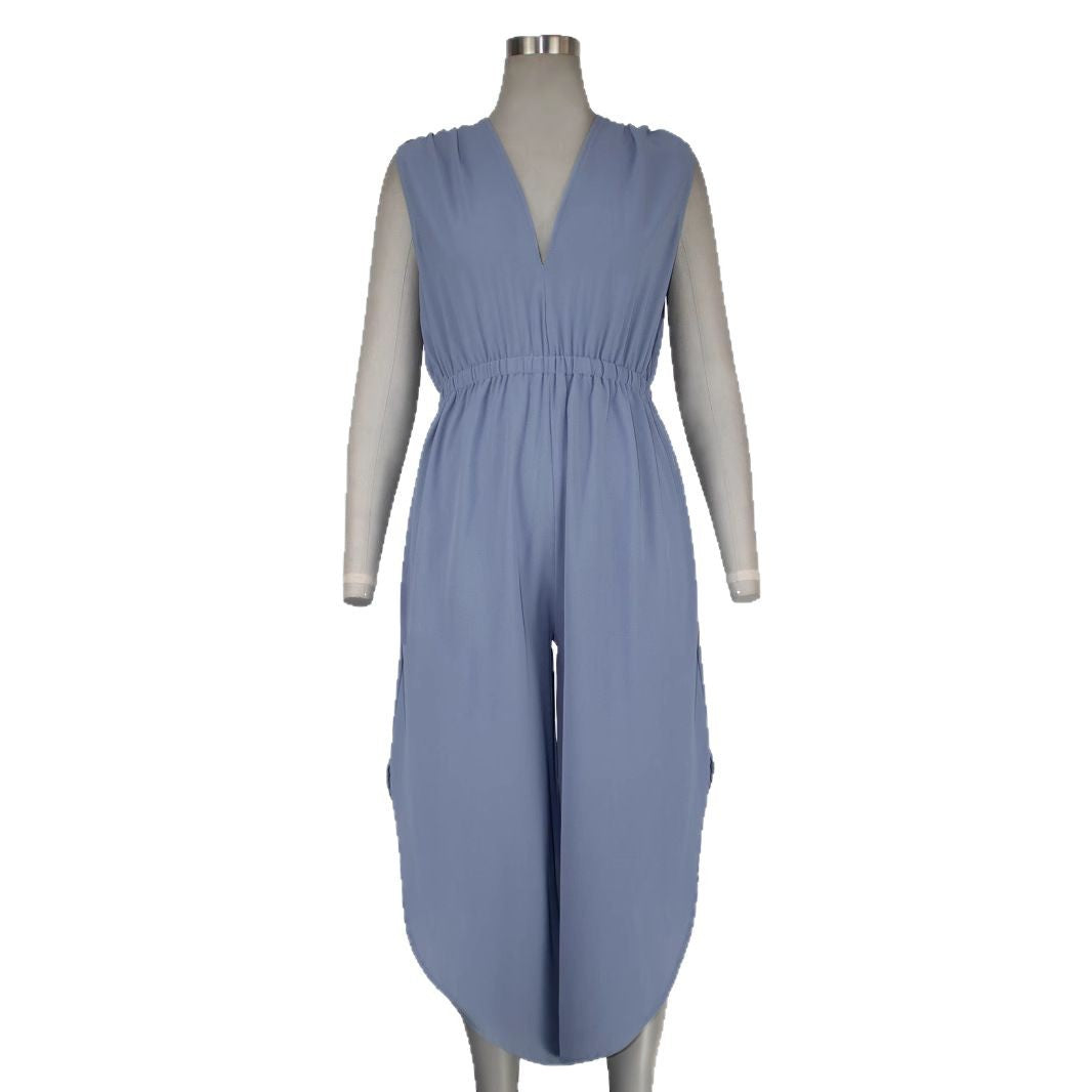 Damen Modischer Jumpsuit mit elegantem V-Ausschnitt und weitem Bein R&B