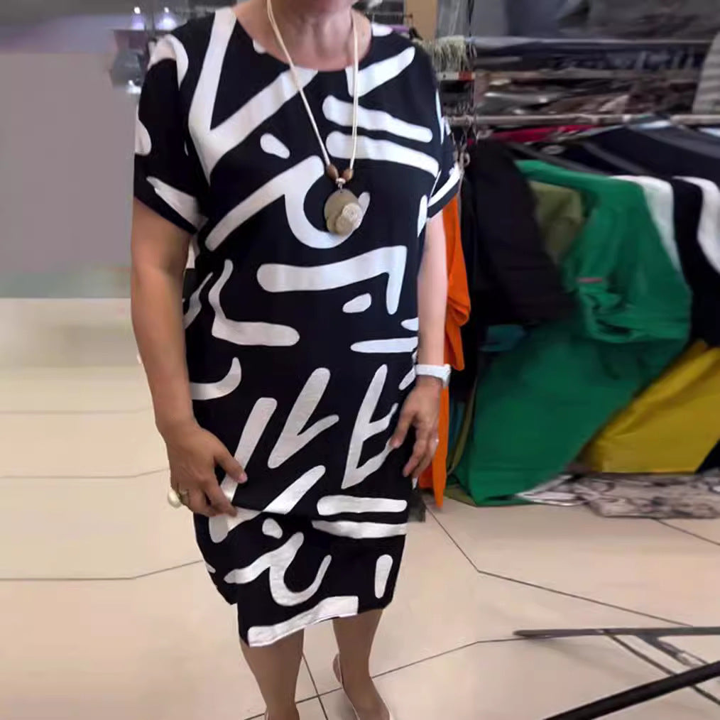 Damen nan knielanges Komfort-Shiftkleid mit großflächigem Pinselstrich-Print und umgeschlagenen Kurzärmeln R&B