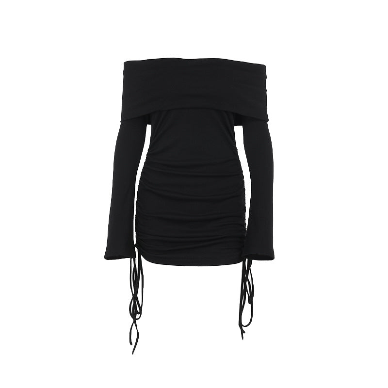 Damen Off-Shoulder Mini-Kleid mit Raffung und langen Ärmeln R&B